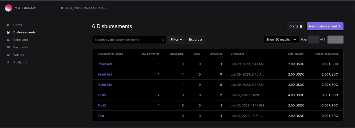 Disbursements SDP Screenshot
