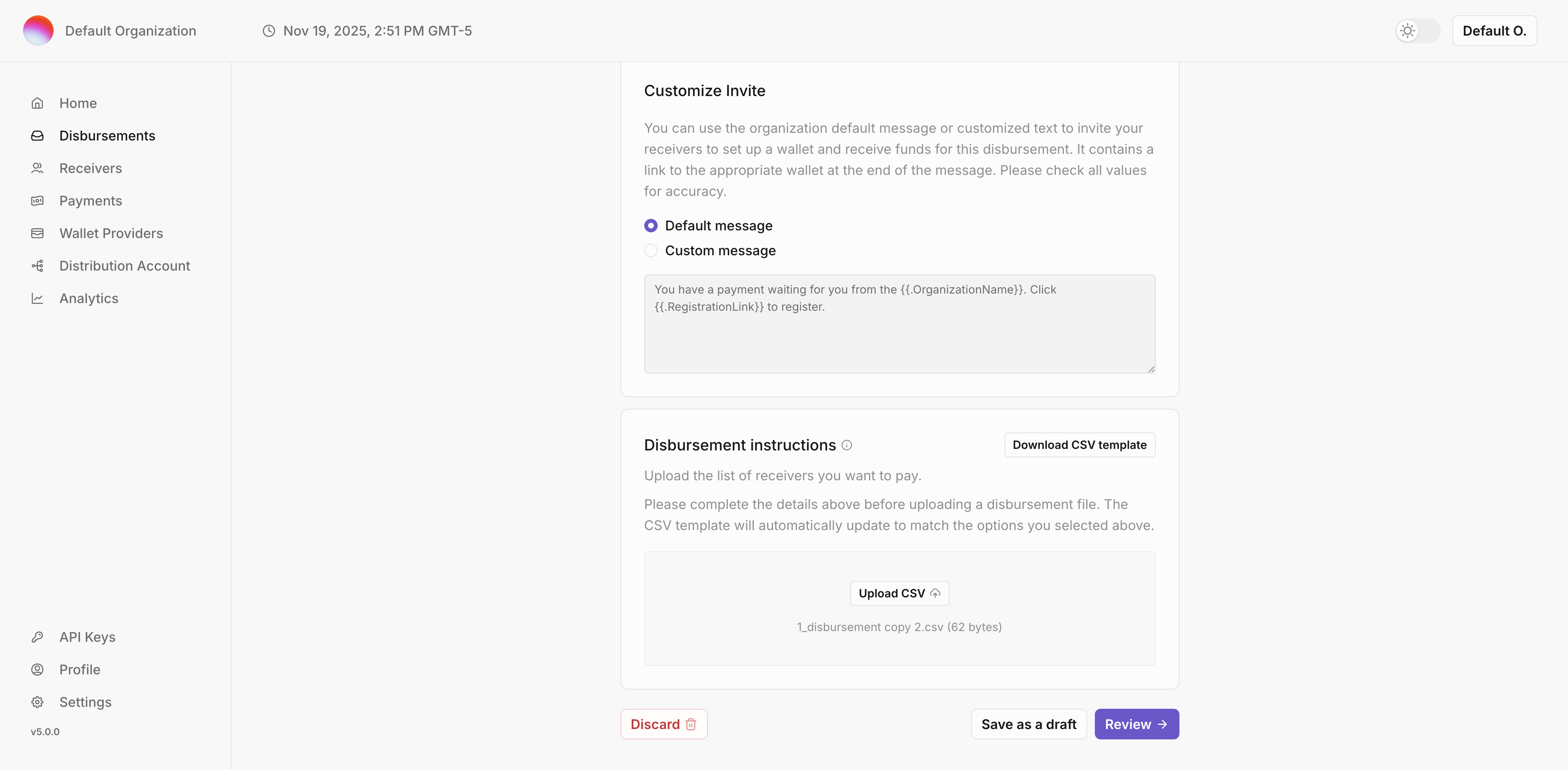 Disbursement CSV SDP Screenshot