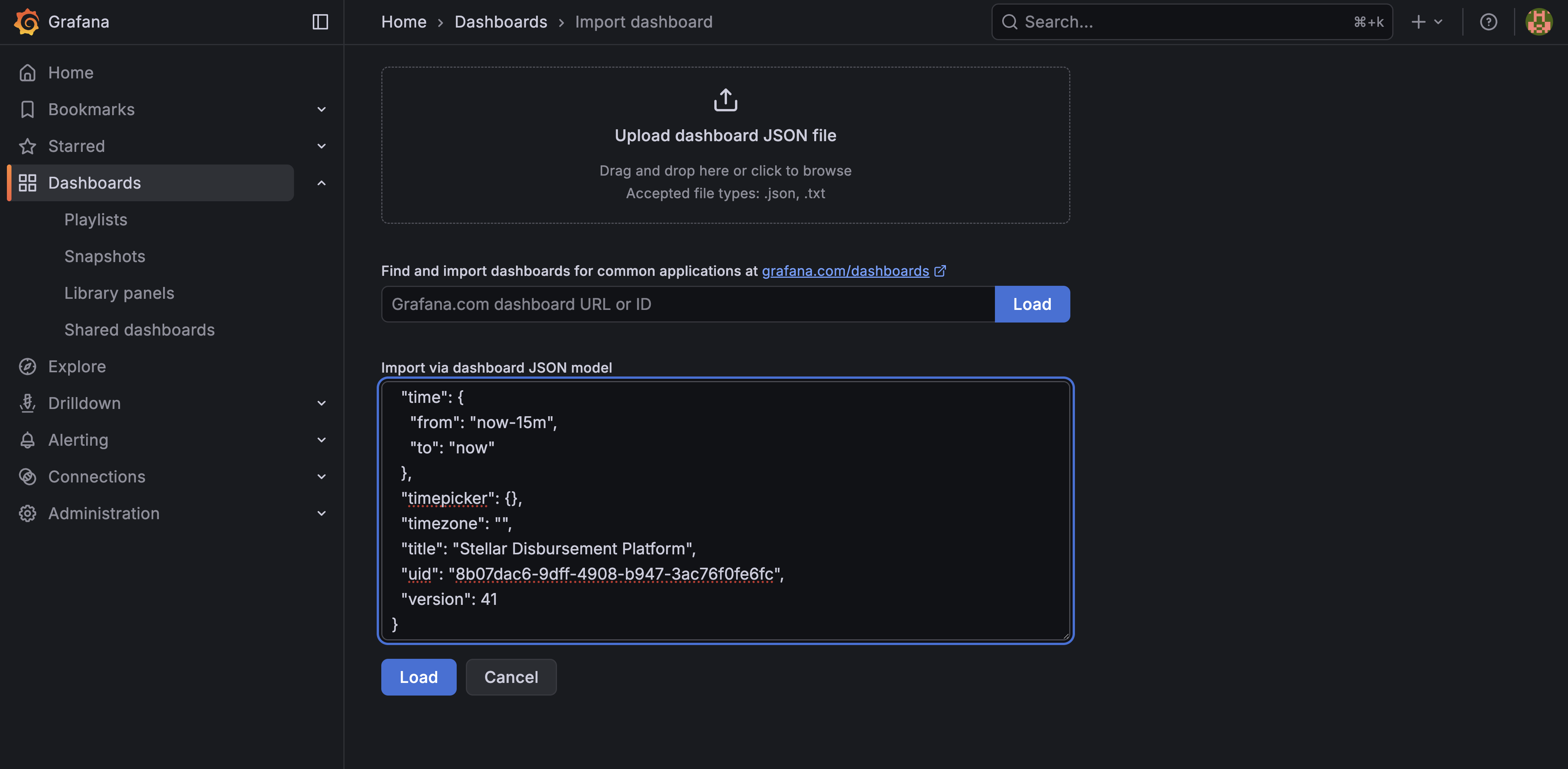 Import Dashboard SDP Screenshot