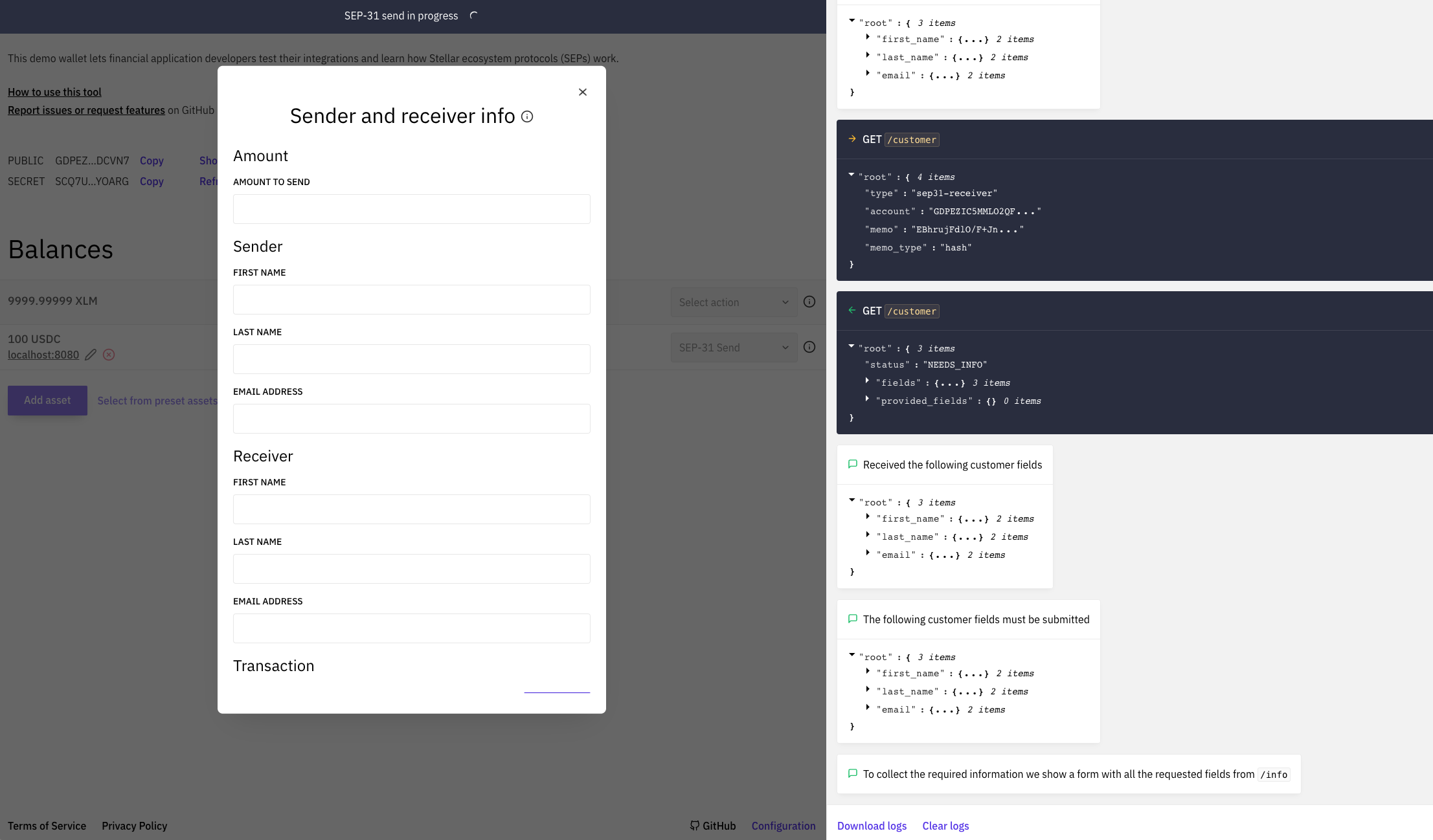 Demo Wallet Initiating Transaction