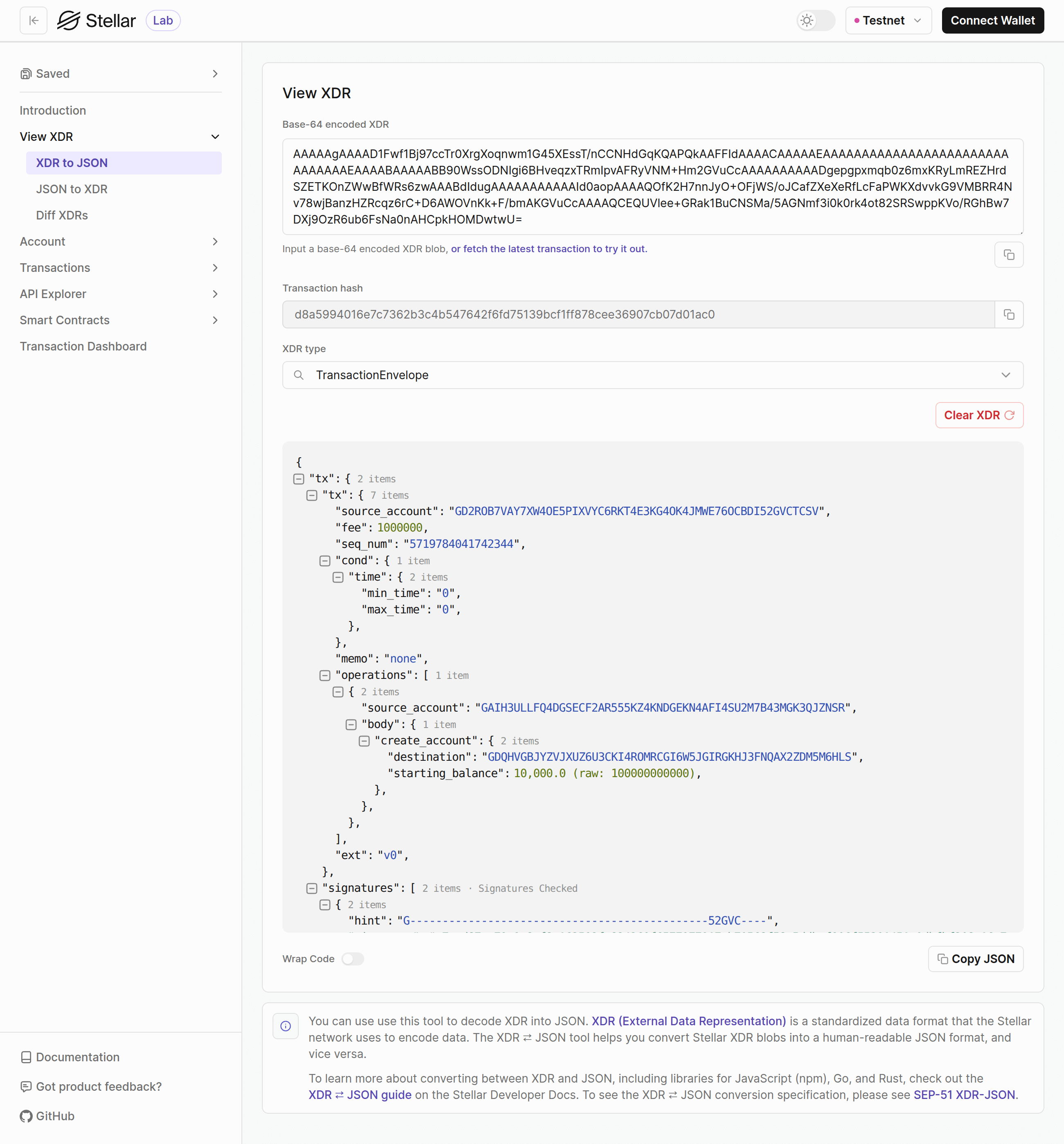 Lab XDR JSON Output